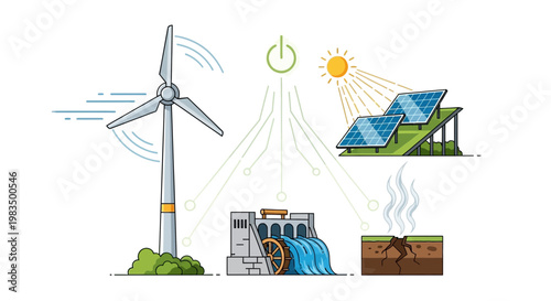 Renewable Energy Sources Concept: Wind, Solar, Hydro, Geothermal Power Generation