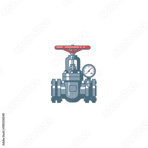Industrial gate valve with red handle and pressure gauge