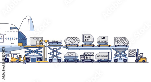 Cargo plane loading operation with conveyor belt, forklifts, and freight containers