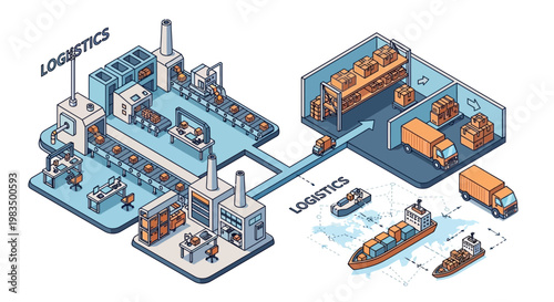 Isometric logistics and supply chain illustration: factory production to warehouse and transport