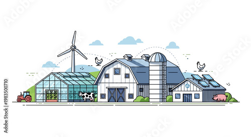Sustainable Farm Scene with Renewable Energy and Livestock