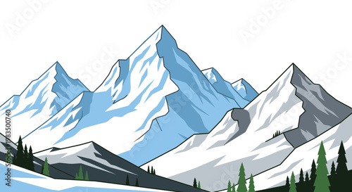 Majestic Snow-Capped Mountain Range Landscape, Winter Peaks, Evergreen Forest