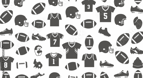 A seamless pattern of dark grey football equipment against a white background