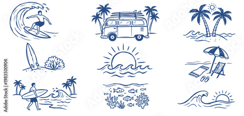Beach Vacation Line Drawings.