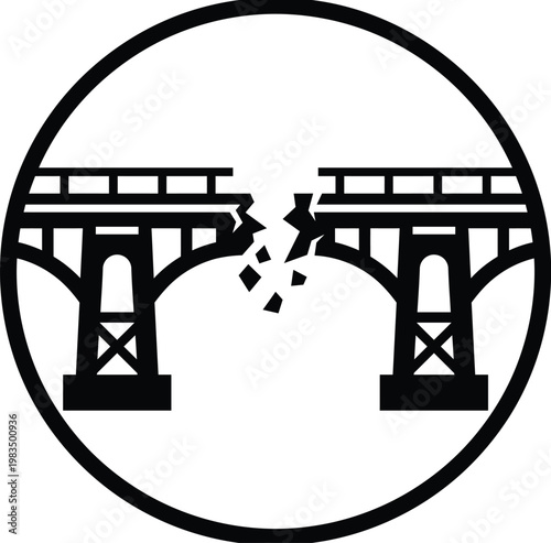 Broken bridge icon symbol signifying disconnection failure separation conflict isolation crisis collapse rupture damage obstacle barrier risk danger problem challenge division disruption structural