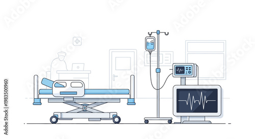 Hospital room with patient bed, medical monitor, and IV drip - clean line art illustration