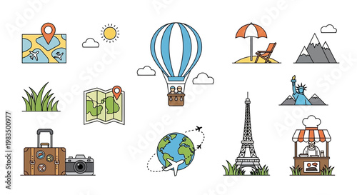 Travel and Vacation Icons: Hot Air Balloon, Eiffel Tower, Globe, Map, Suitcase, Camera, Statue of Liberty