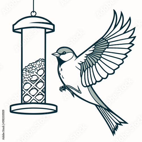 A detailed illustration depicts a small bird likely a chickadee approaching a cylindrical bird feeder filled with seeds high quality professional modern