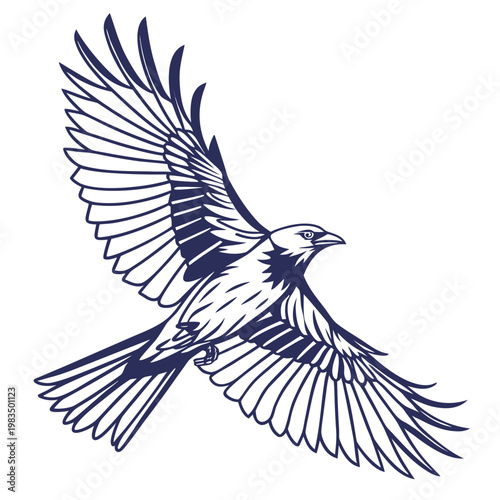 A striking blue and white illustration depicts a bird of prey in dynamic flight wings fully extended and soaring high quality professional
