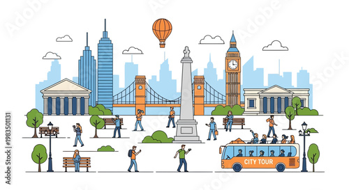 London Cityscape Illustration with Landmarks and Tourists