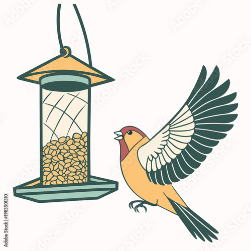 A charming vintage style illustration depicts a small yellow bird in flight approaching a filled bird feeder suspended by a string