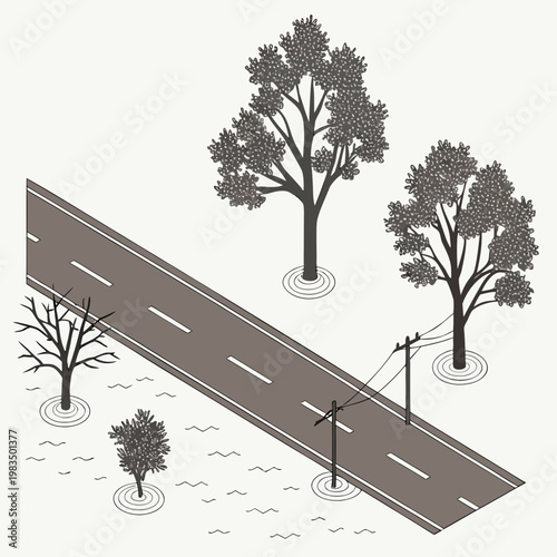An isometric illustration depicts a flooded roadway with trees partially submerged in water showcasing environmental impact high quality professional detailed modern elegant