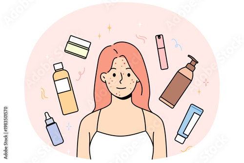 Woman with freckles and pimples on face smiles, stands among jars of creams and gels or shampoos. Cosmetology products around girls who want to get rid of acne and freckles on skin.