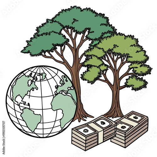 A colorful illustration depicts a globe two trees and stacks of money symbolizing environmental and economic concepts high quality professional detailed modern