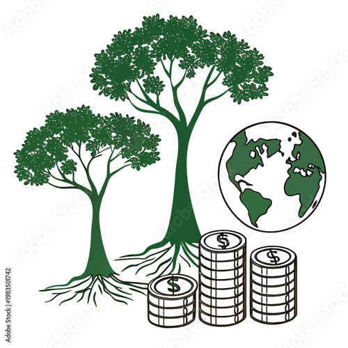 An illustration depicts two trees alongside a globe and stacks of money symbolizing environmental and financial connections high quality professional detailed modern
