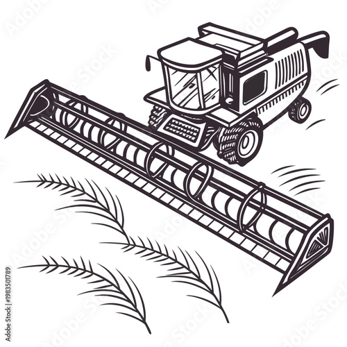 A detailed sketch depicts a combine harvester in action cutting and collecting wheat in a rural agricultural landscape high quality professional modern