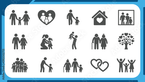 Large Collection of Family and Relationship Icons Featuring Parents with Children, Elderly Couple, Family Tree, Newborn Care and Happy Home Life Graphic Elements Vector Set