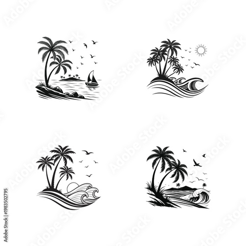 Black and white tropical island scenes with palm trees and rolling ocean waves in clean vector silhouette design