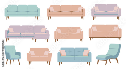 Collection of colorful sofas and chairs.