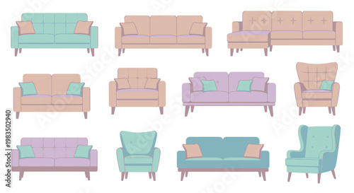 Collection of colorful sofas and armchairs.