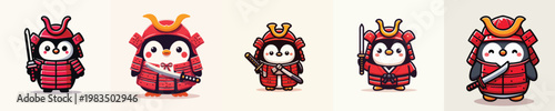 cute penguin vector wearing samurai armor