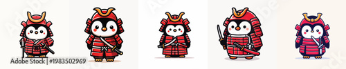 cute penguin vector wearing samurai armor