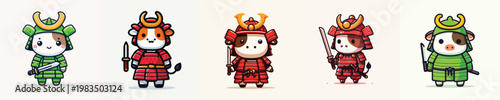 cute cow vector wearing samurai armor