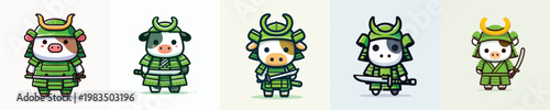 cute cow vector wearing samurai armor