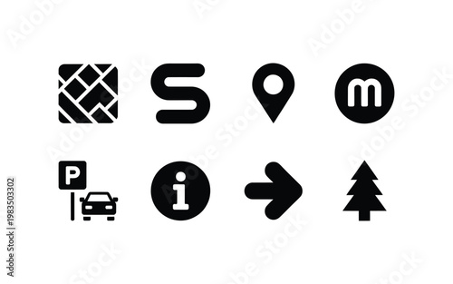 Collection of minimalist black icons representing mapping and directional cues