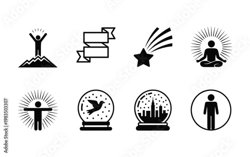 Collection of minimalist black icons representing aspiration dreams and success