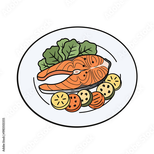 Grilled Salmon Steak with Vegetables Vector Illustration