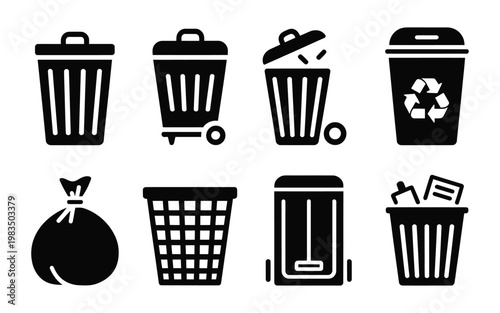 Collection of black trash can and waste container vector icons