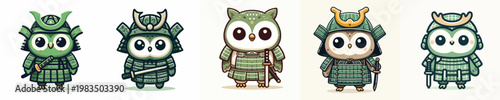 cute owl vector wearing samurai armor