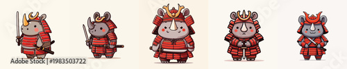 cute rhino vector wearing samurai armor