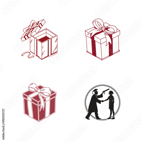 Collection of gift boxes and graduation icons in minimal line art style isolated on white background for education themes