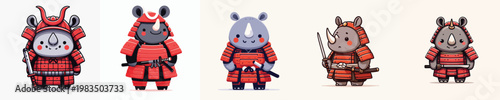 cute rhino vector wearing samurai armor