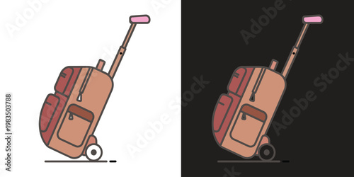 rolling suitcase with travel essentials flat design vector illustration