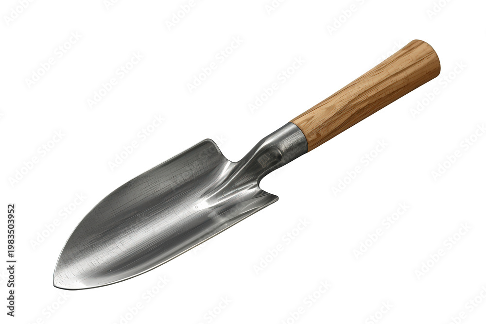 Fototapeta premium Garden trowel with wooden handle and metal blade, essential digging tool for planting and landscaping, transparent background