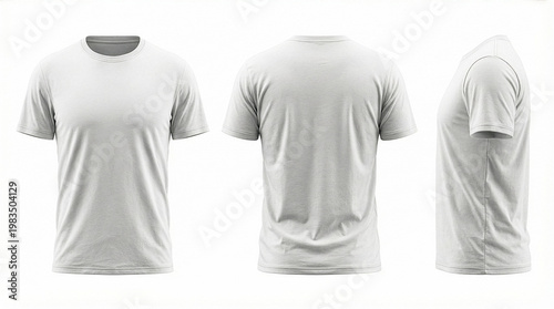 Blank white t-shirt mockup set with front, back and side views isolated on white background