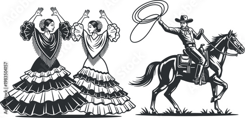 Vintage engraving of a cowboy on horseback with a lasso and a flamenco dancer isolated on transparent background