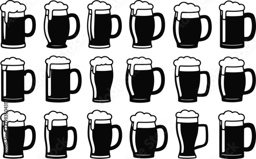 Black and white pattern of full beer mugs in a grid arrangement