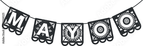 Festive papel picado banner spelling 'mayo' isolated on transparent background perfect for cinco de mayo celebrations and decorations