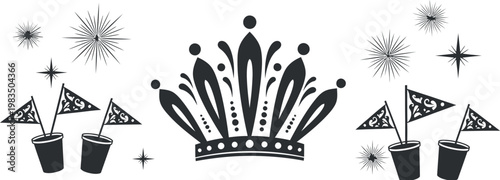 Black and white illustration of a regal crown with starbursts and pennant flags isolated on transparent background