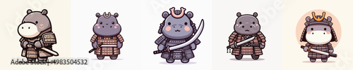 cute hippo vector wearing samurai armor