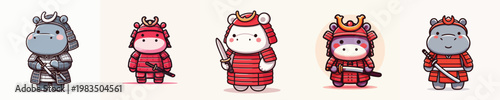 cute hippo vector wearing samurai armor