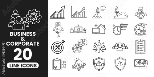 : Clean set of 25 modern business and corporate line icons in a minimal outline style, perfect for web, apps, presentations, and branding