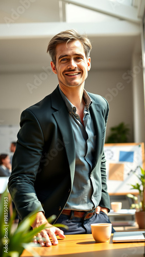 Portrait of middle aged businessman in suit. Handsome man smiling friendly