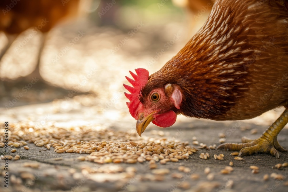 Fototapeta premium Brown chicken pecking at grains on the ground in a farm yard with sunlight shining down