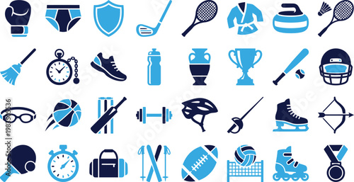 Various sports and recreation flat icons, blue and dark blue, vector graphic.