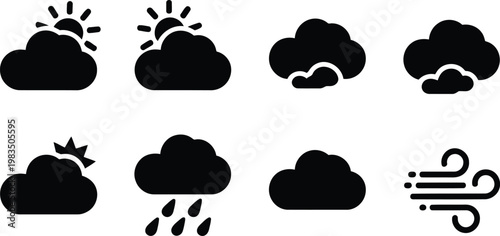 Weather icons set sun clouds rain and wind black silhouette style
